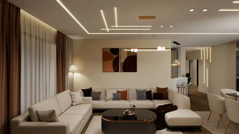 Sala moderna com linhas de luz LED no teto
