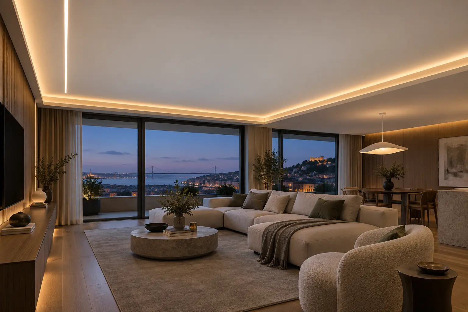 Sala contemporânea com teto tenso e iluminação LED integrada